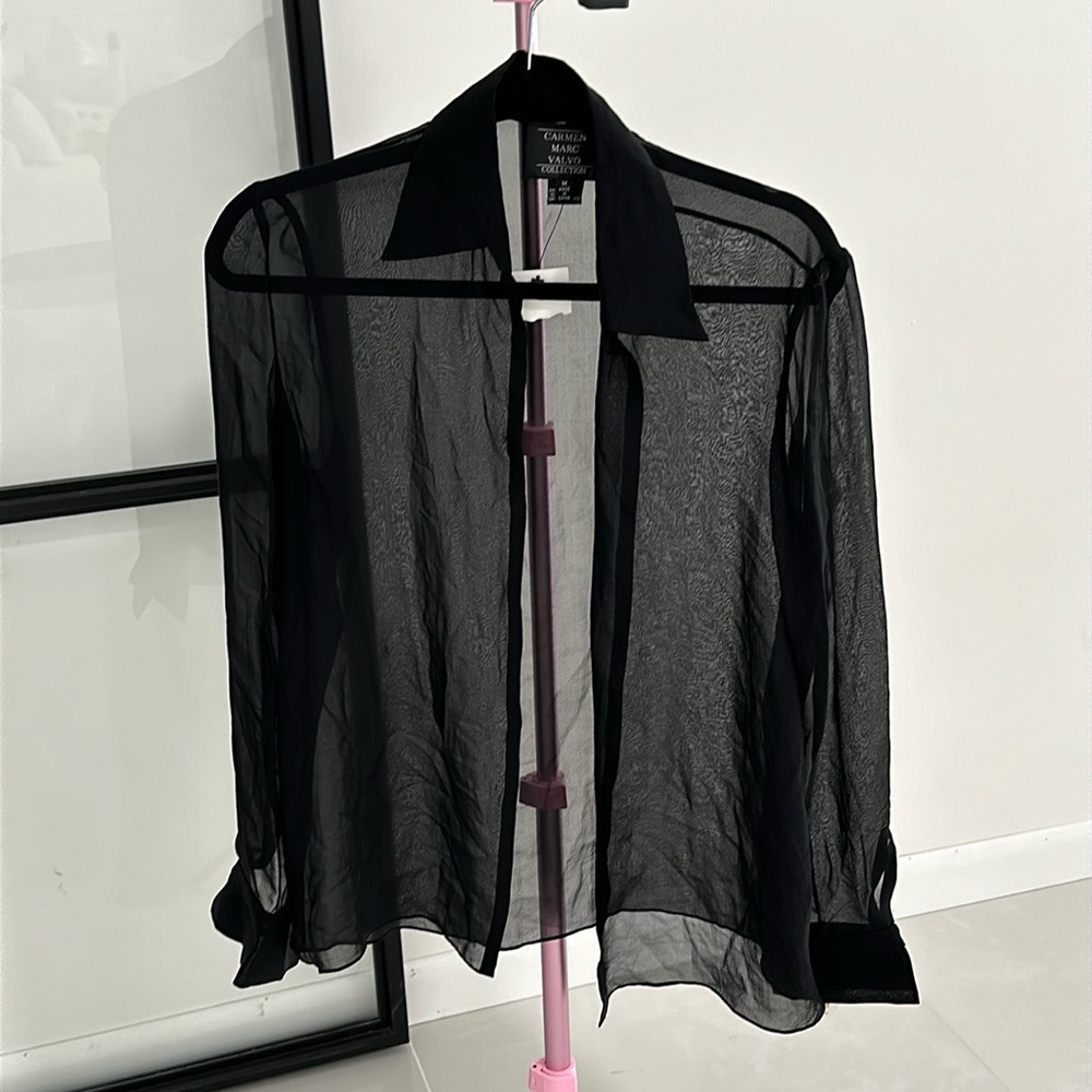 Black see thru 100% SILK dressy top never worn $166.00 bought at Neiman Marcus